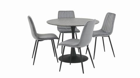 Miami Round Concrete Table and 4 Liberty Grey Velvet Chairs